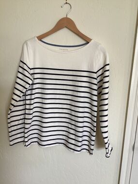 Talbots White and Navy Striped Long-Sleeve Boatneck Top